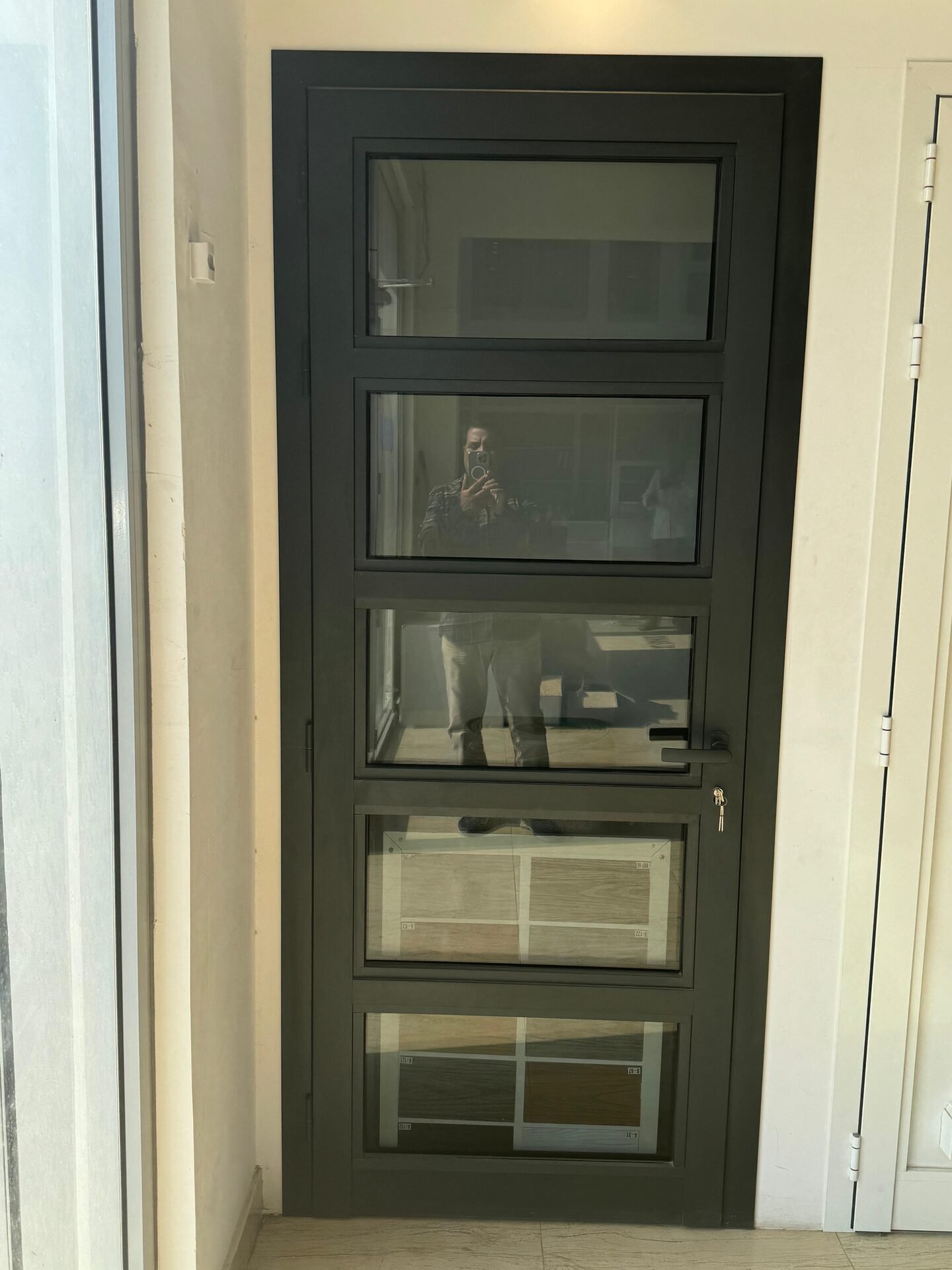 Black aluminium door with glazed panels